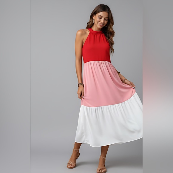 Colorblock Ruffle Hem Halter Neck Dress - Picture 4 of 9